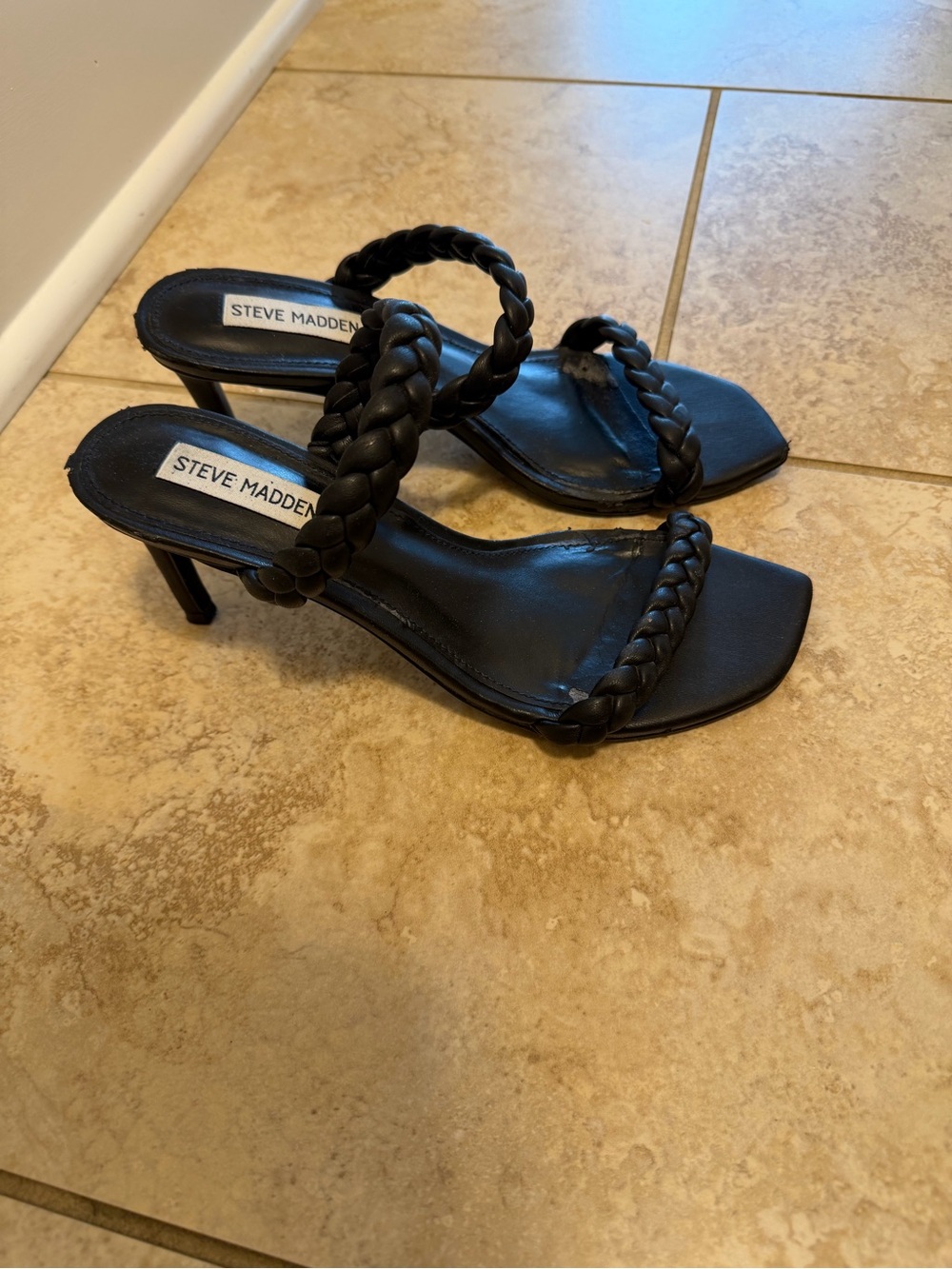 Steve Madden Black Braided Strap Mid-Heel Sandals